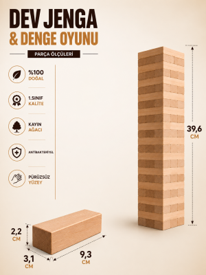 HEPSİ AHŞAP Ahşap Jenga Oyunu 54 Parça Kayın Ağacı Denge ve Zeka Oyunu Aile Eğitici Kule Oyunu
